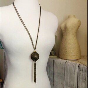 Double Chain Ball Tassel Pendant Necklace Gold Tone